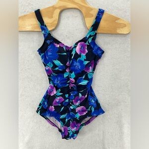La Cove Swimsuit Floral Ruched Front Purple Blue Black Size 12